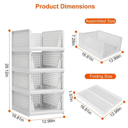 4 Packs Plastic Storage Box Closet Organizer Foldable Storage Bin Stackable Drawer with Slide Rail Push-Pull Storage Basket for Living Room Bedroom Wardrobe White